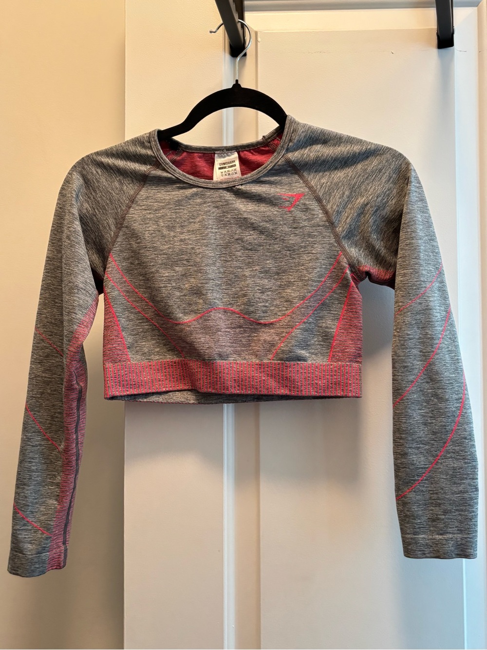 Gymshark Grey Heathered Long Sleeve Crop with Pink Logo